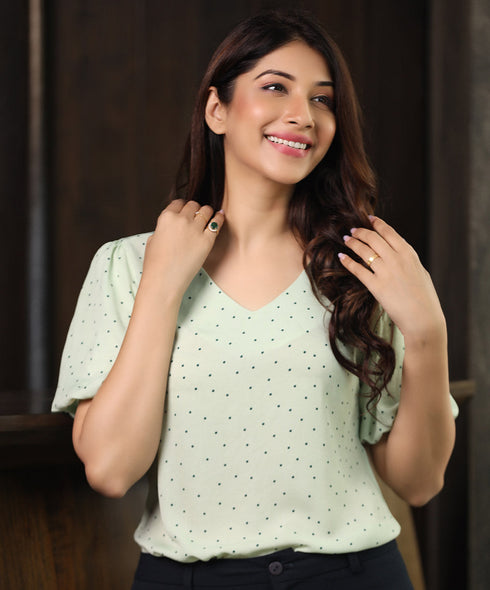 Allover Print Puff Sleeve Mint Blouse